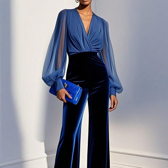 Pants - Blue Elegant Women's Velvet High Waisted Flare Leg Evening Jumpsuit
